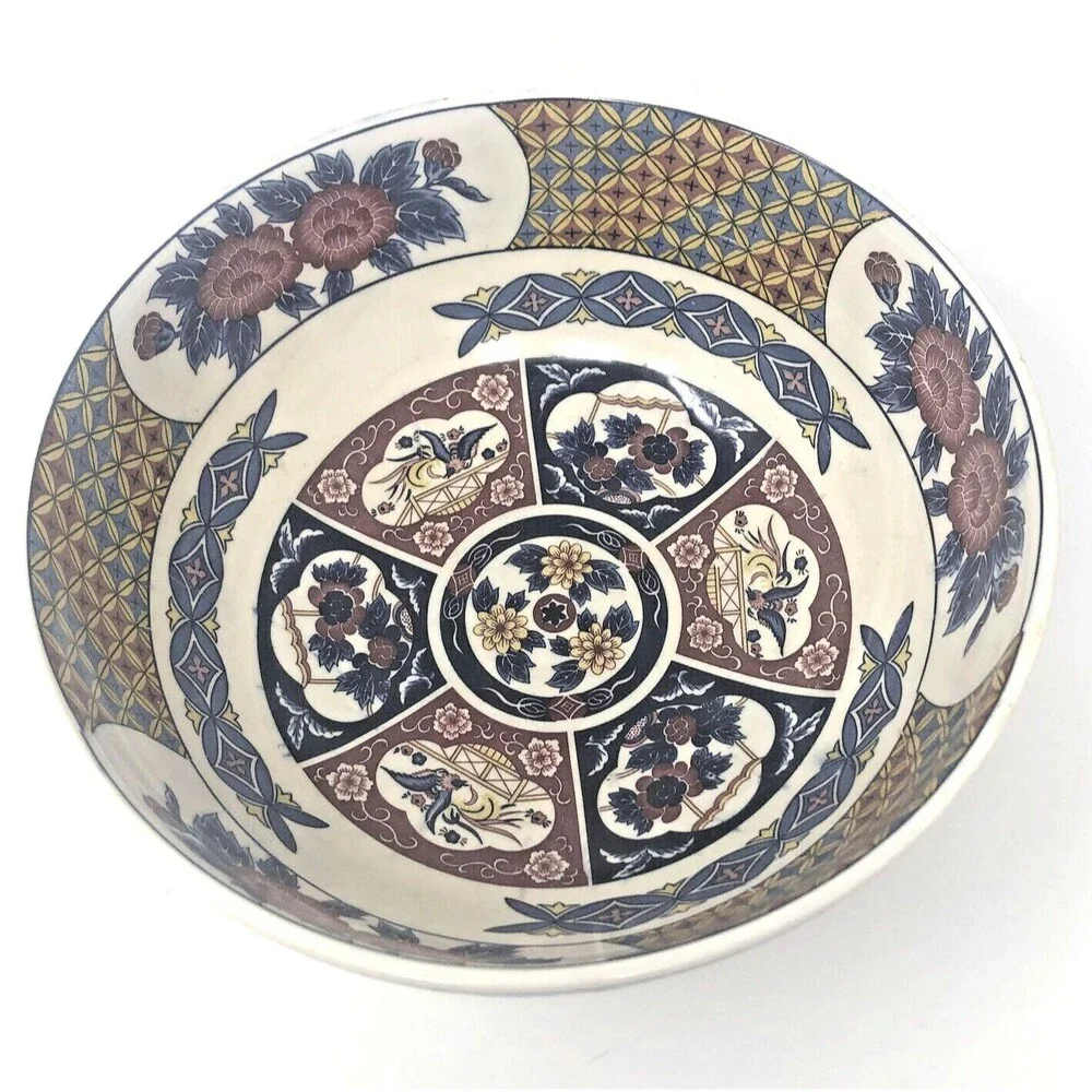 Japanese Arita Imari Bowl Blue Cream Gold Flowers Birds Vintage Porcelain 9 3/4